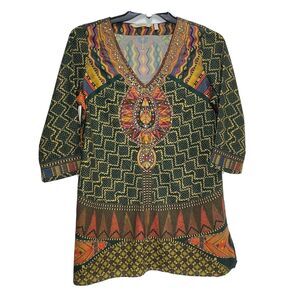 Soft Surroundings Tunic Top Dashiki Embroidered Sequins Print Sz M